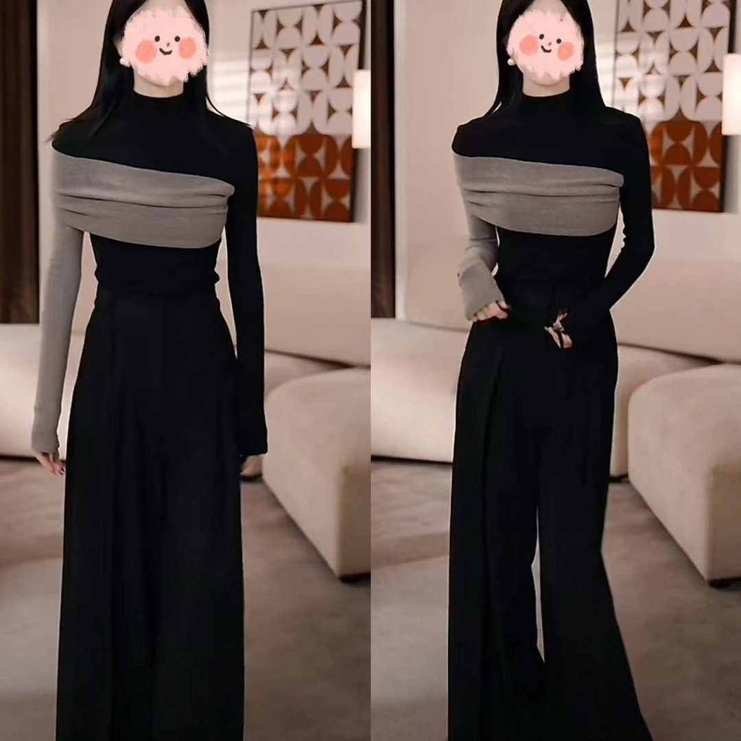 2025秋季新款拼接撞色百搭长袖T恤女高腰宽松阔腿休闲裤两件套