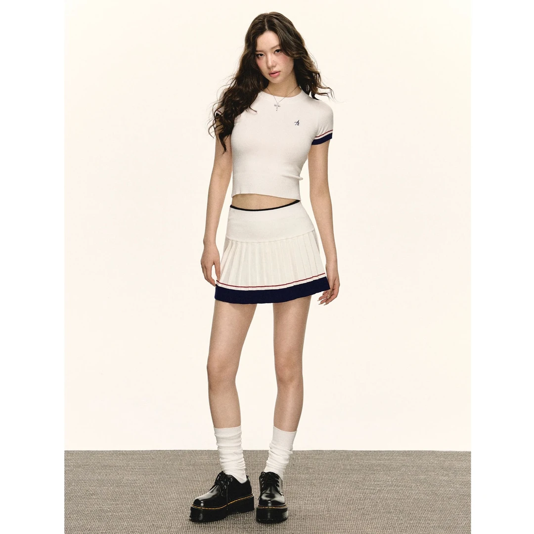 美式复古白色针织短袖t恤+半身短裙套装女夏修身两件套