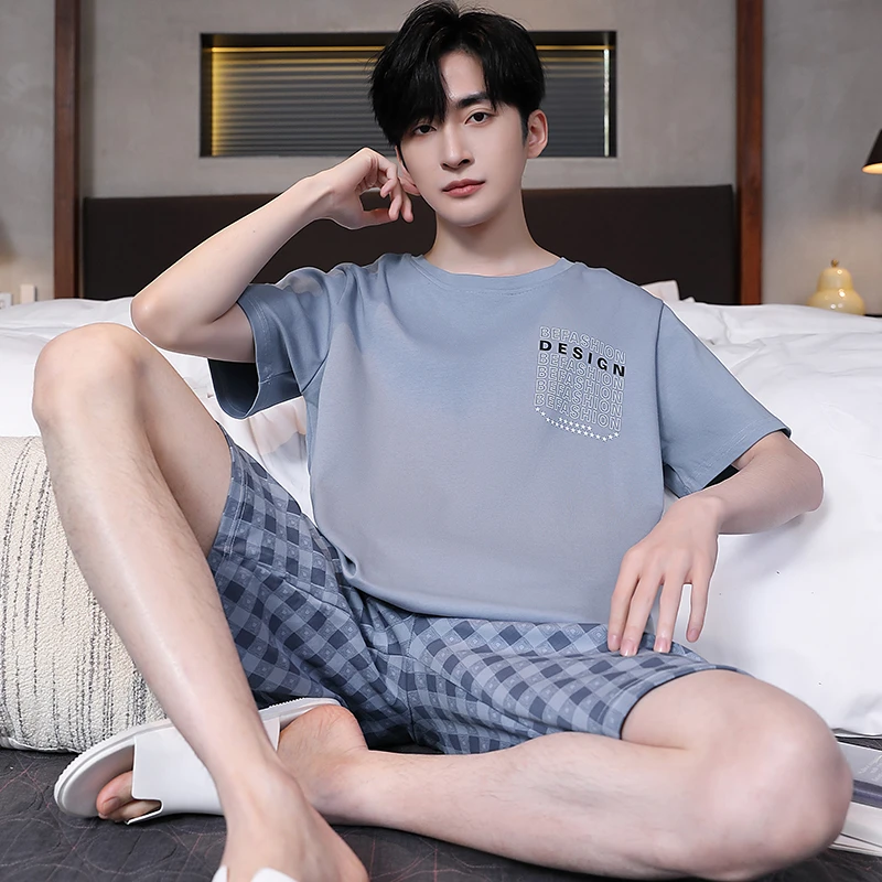 男士睡衣夏款网红风短袖纯棉薄款青少年春秋季短裤男生家居服套装