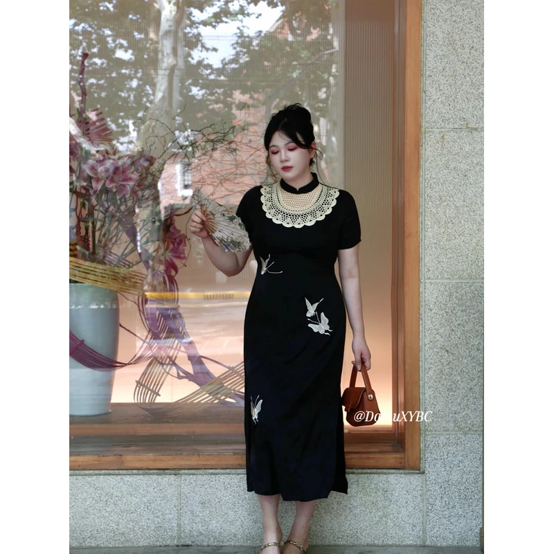 哒头.Studio【墨蝶恋】微胖大码气质少女设计感显瘦改良旗袍连衣裙