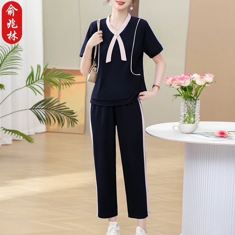 俞兆林年轻妈妈夏装运动服套装中老年人女装夏季宽松显瘦休闲上衣
