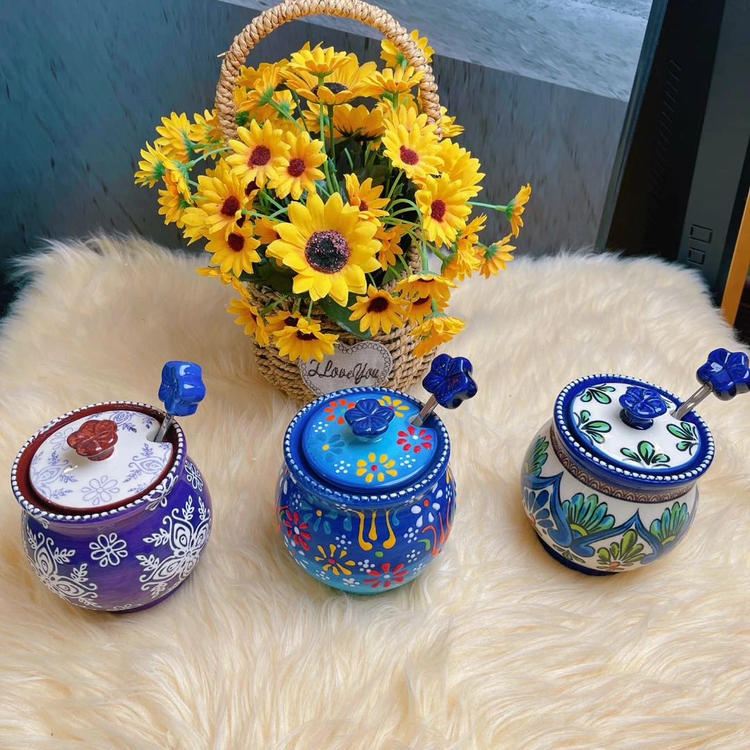 阿勒玛 新疆包邮【三色调料罐】手绘调料罐储物密封罐580ml+送勺子