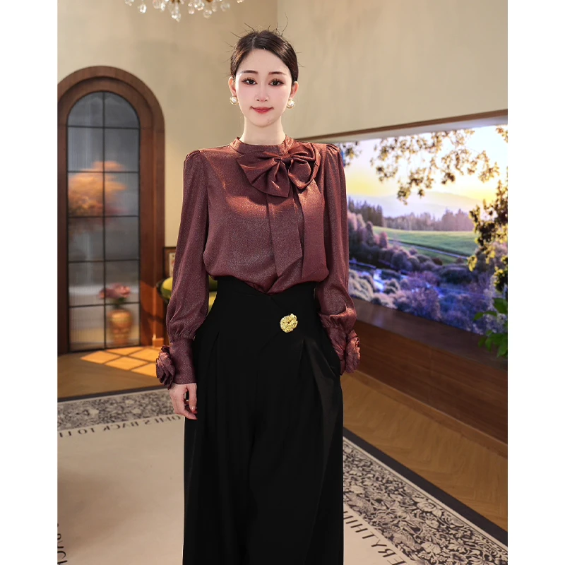 2026春秋新款【DD-745】减龄蝴蝶结时尚气质红金缎面长袖衬衫上衣