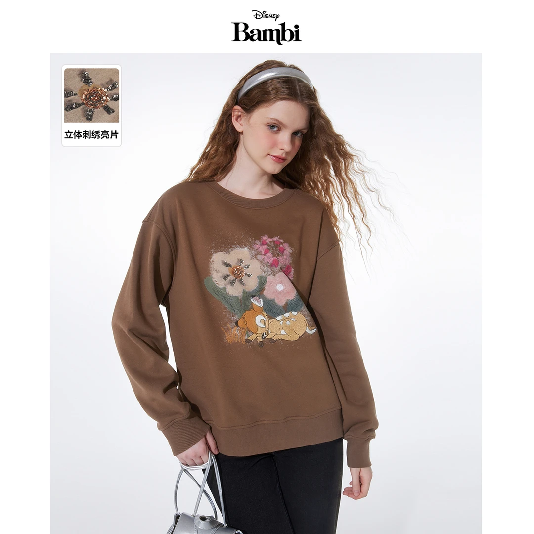 莱茵小鹿斑比卫衣圆领宽松立体刺绣上衣LMED18JHT046