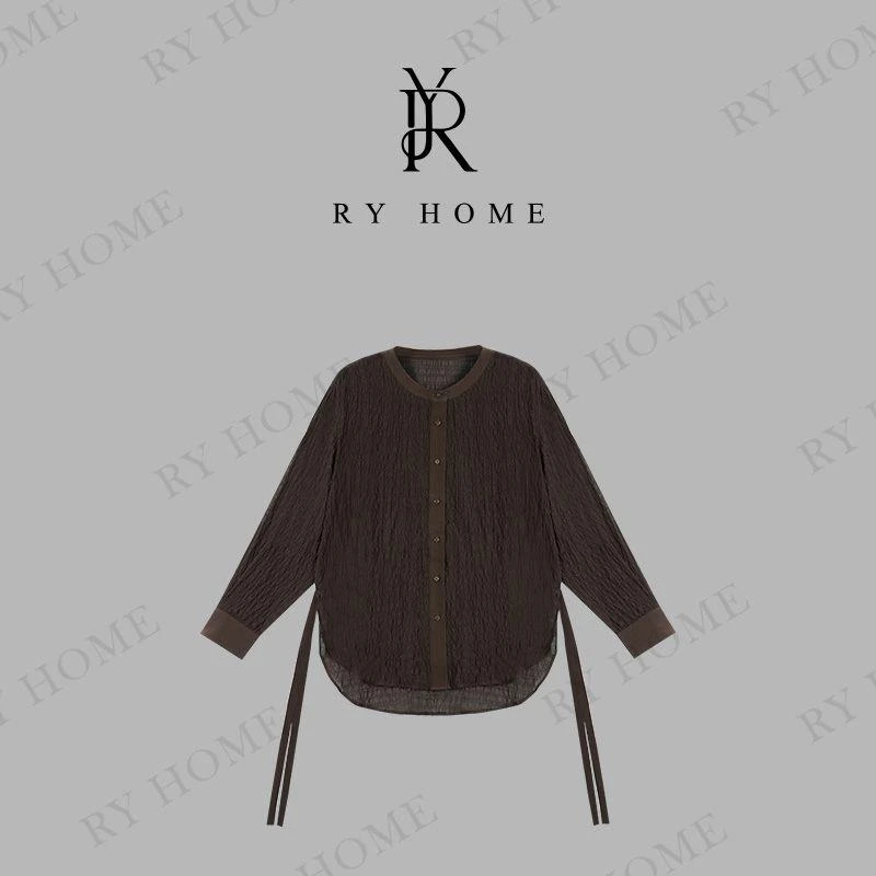 【容雨RYHOME】100桑蚕丝＋纸片人立体肌理感圆领长袖衬衫251C1417