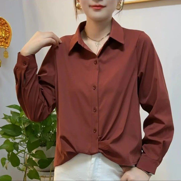 直播款秋季长袖衬衫女气质翻领简约纯色法式设计感显瘦洋气上衣女