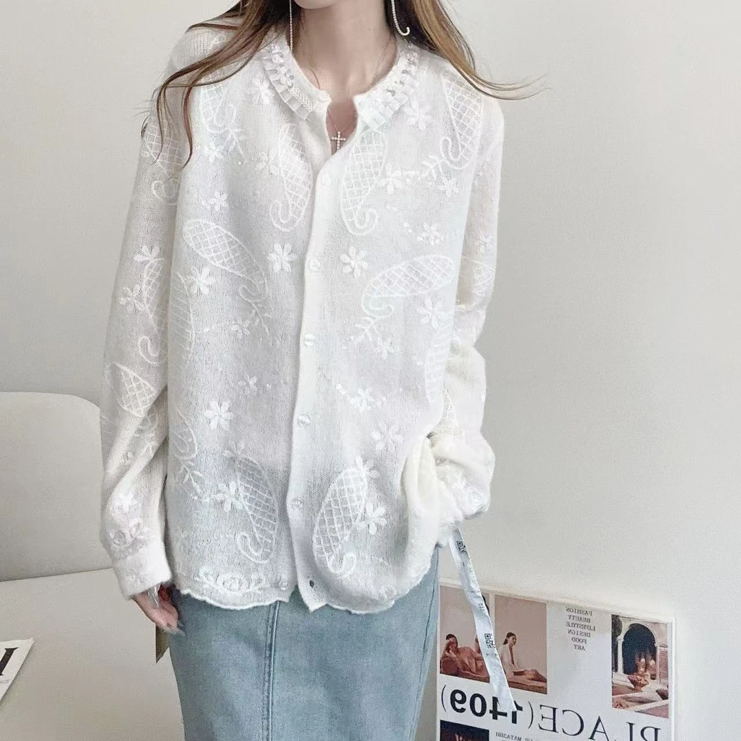 【国色芳华】轻奢251061-100山羊绒气质甜美风手工绣花针织开衫