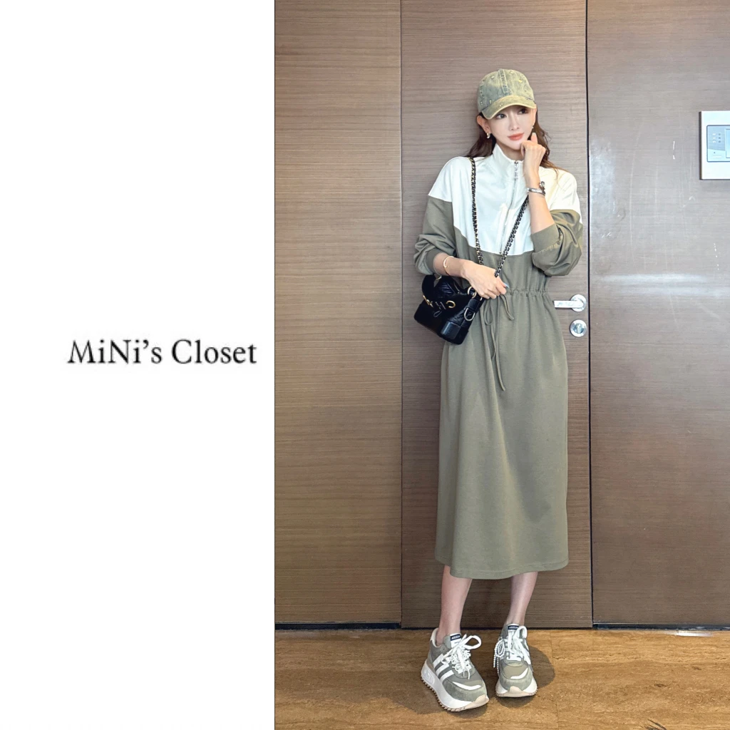 【MiNi推荐】韩版新款高定法式撞色拼接收腰休闲运动连衣裙JE1022