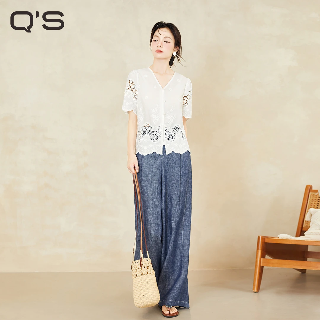 【秸熙】夏季新款棉布绣花镂空短袖衬衫5XB566/直筒牛仔长裤5XA372
