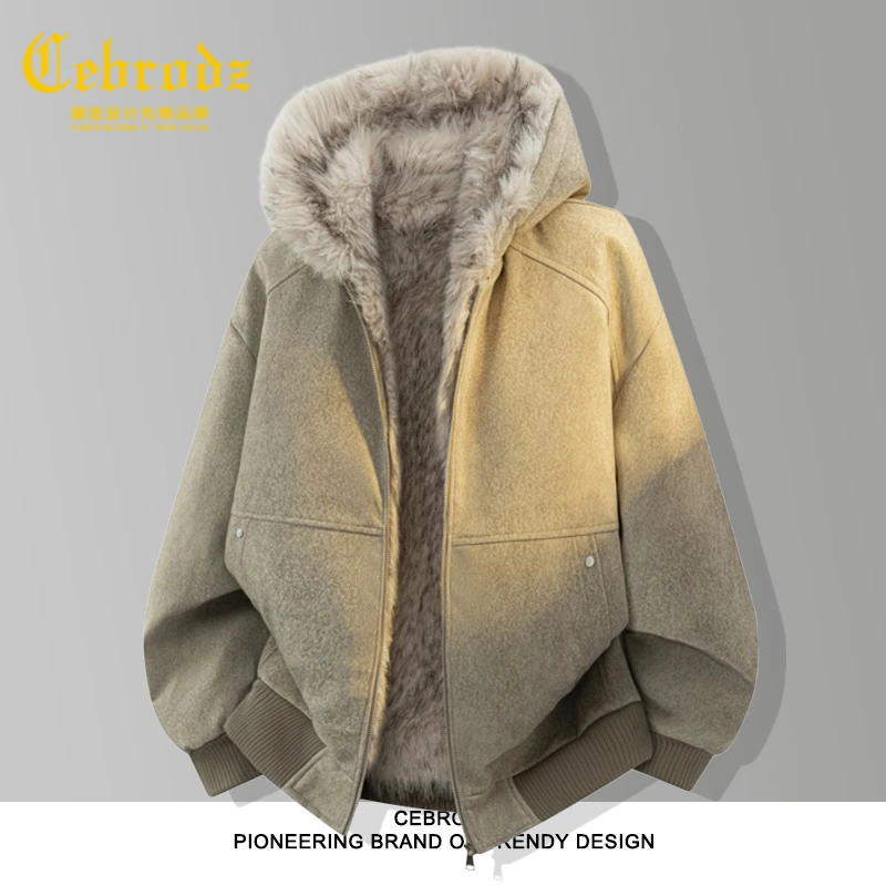 法国Cebrodz男士冬季重磅潮牌立体夹克加绒工装棉衣外套毛领棉服