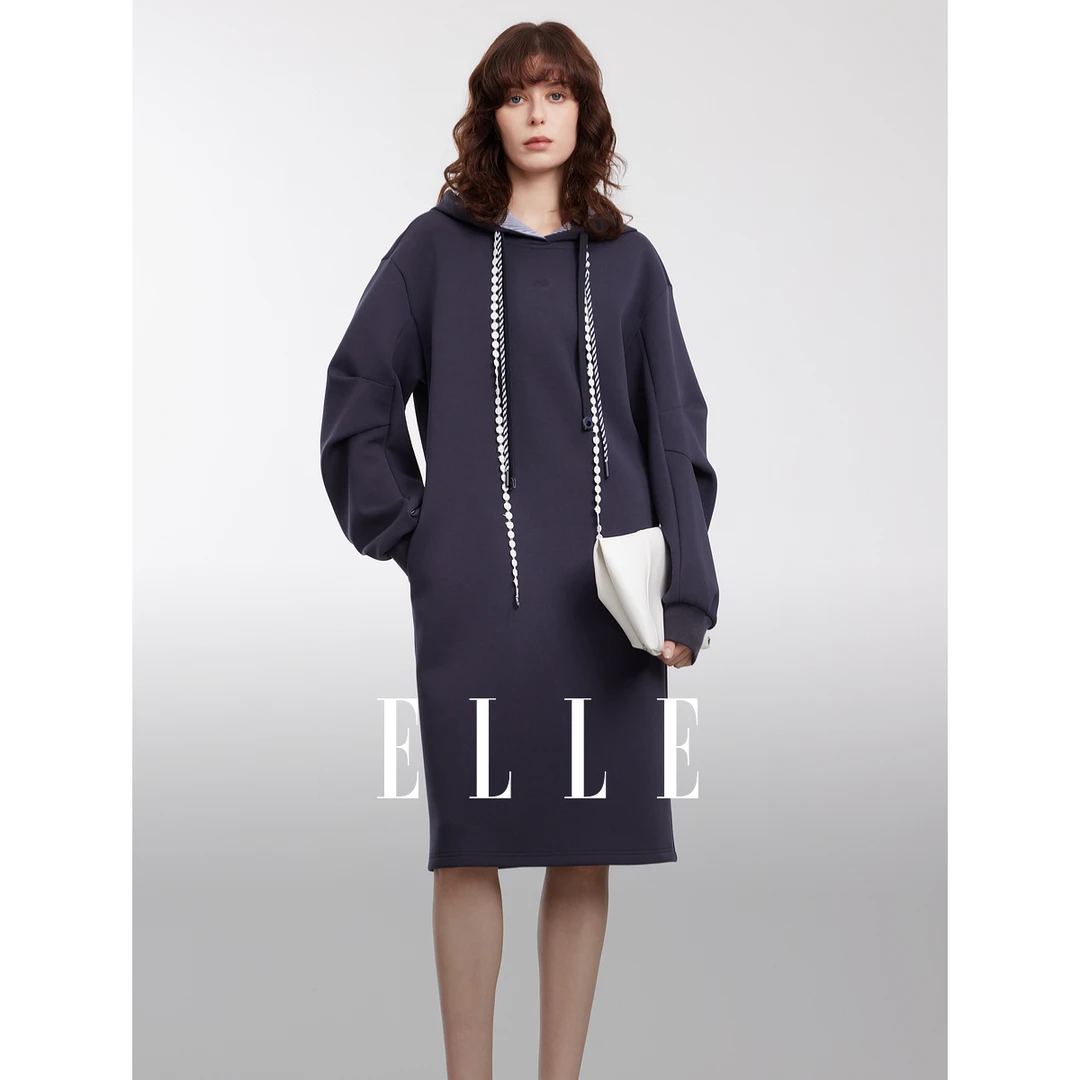 ELLE法式设计感连帽抽绳连衣裙2025春新款优雅通勤卫衣裙EL50713