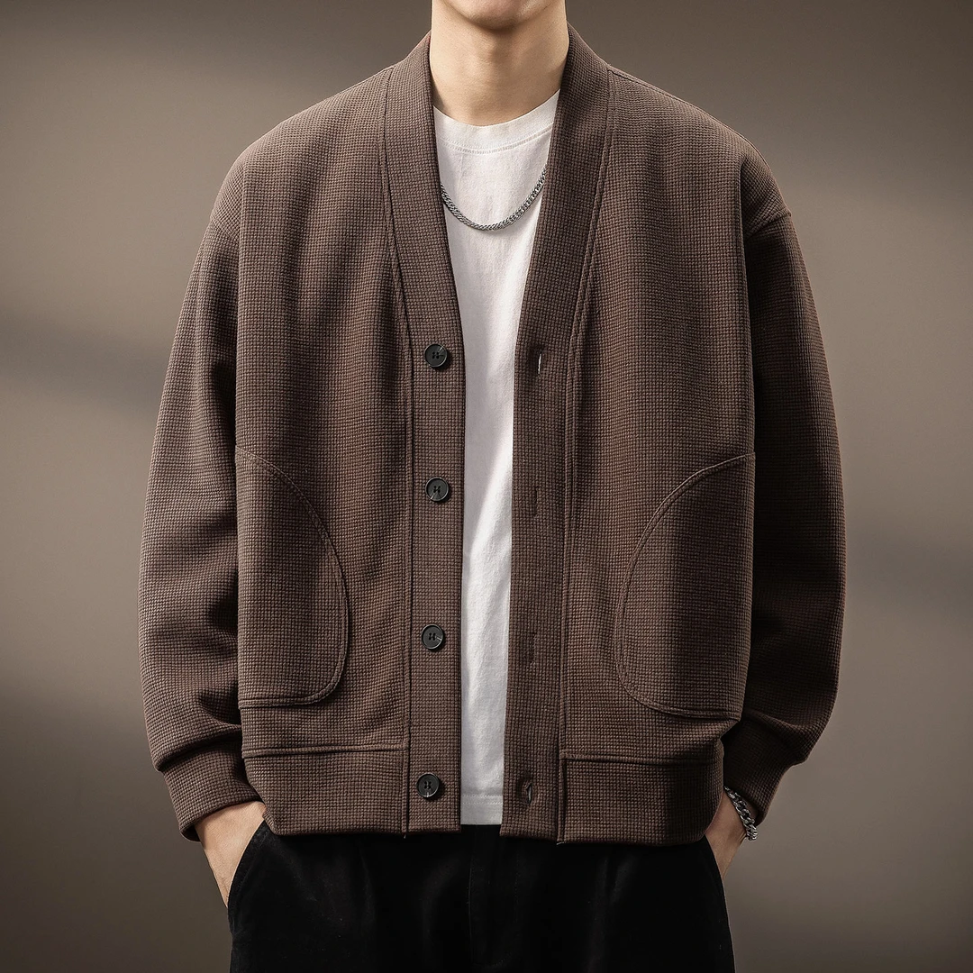 高端美式复古华夫格开衫长袖卫衣男秋冬新款老钱风休闲简约外套男