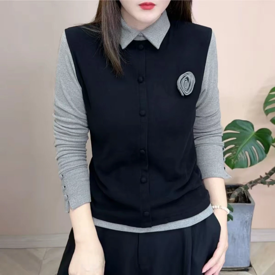 2025年冬季新款双面绒翻领百搭假两件洋气女士上衣打底小衫D5568