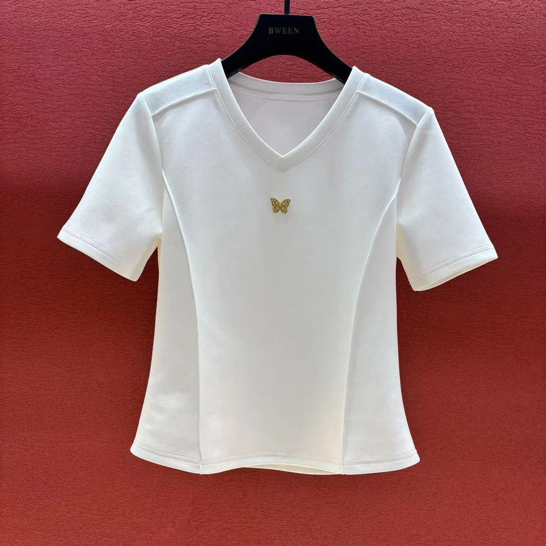 【镶钻蝴蝶】25年夏季立体裁剪收腰线时尚V领半袖显瘦短袖T恤