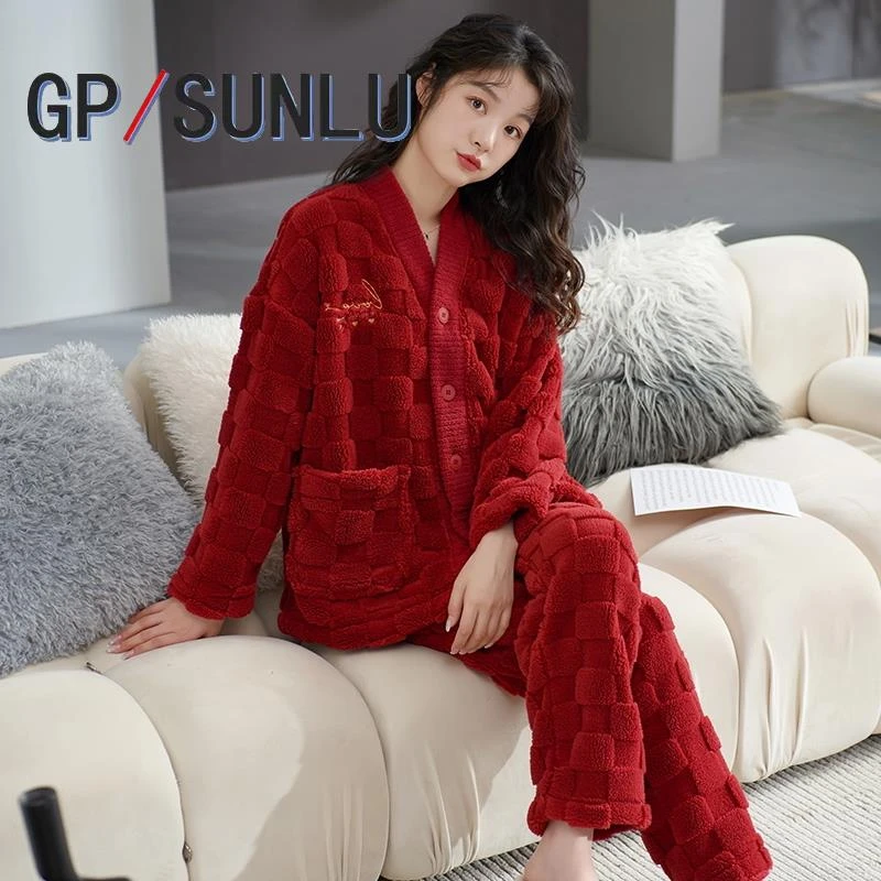 GPSUNLU保暖睡衣女秋冬款法兰绒加绒加厚珊瑚绒甜美风家居服套装