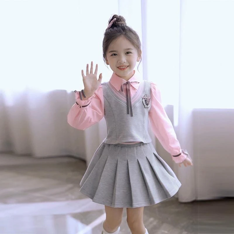 儿童春秋季套装2025新款洋气时髦假两件学院风半身裙两件套春秋