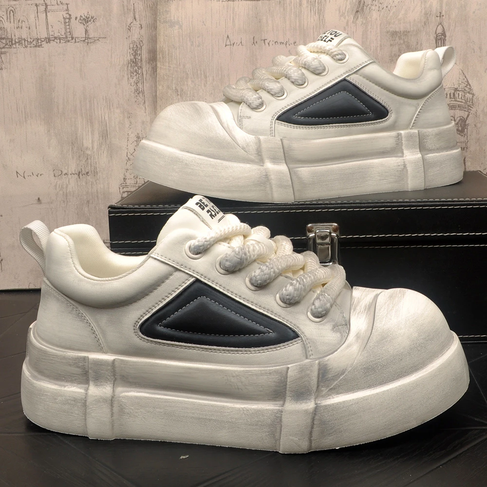 欧洲站潮流真皮脏脏鞋男款时尚百搭休闲厚底圆头做旧擦色牛皮板鞋