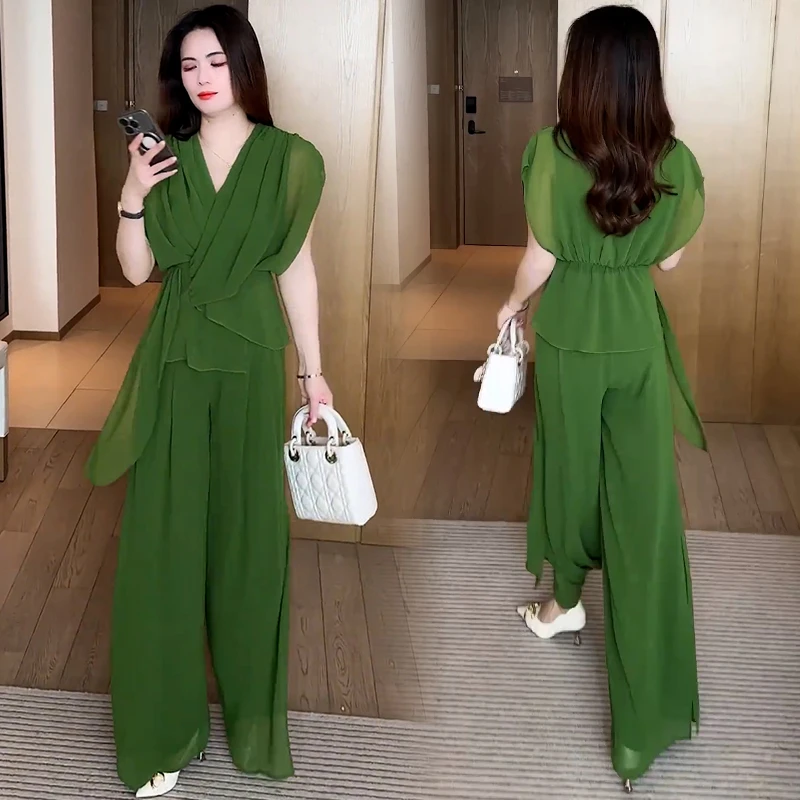 时尚套装女2025夏季新款洋气质显瘦V领短袖上衣阔腿裤两件套