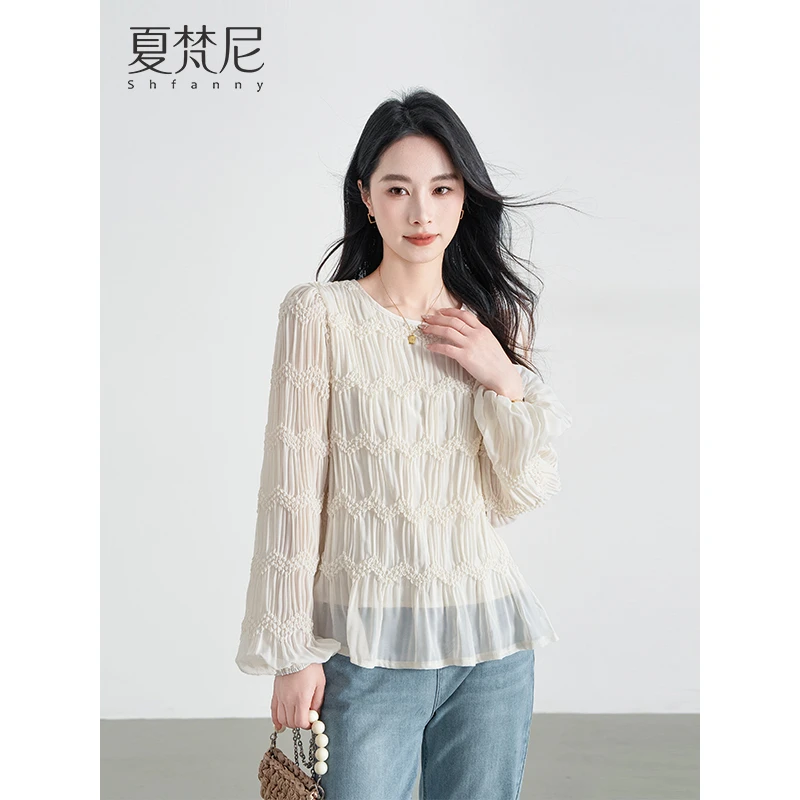 夏梵尼海风絮语2025春季新款褶皱肌理设计感轻纱小衫上衣
