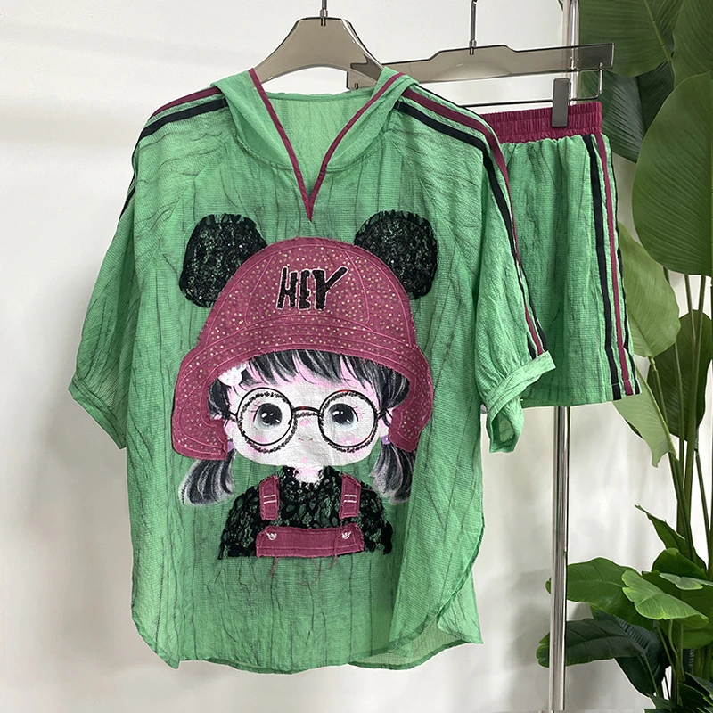 潮牌重工夏季薄款连帽卡通套装T恤女裤子宽松短袖遮肉显瘦上衣潮
