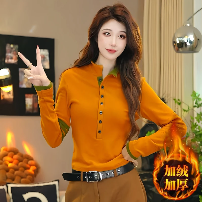 双面绒假两件撞色半高领长袖t恤女2025年秋冬新款保暖百搭打底衫