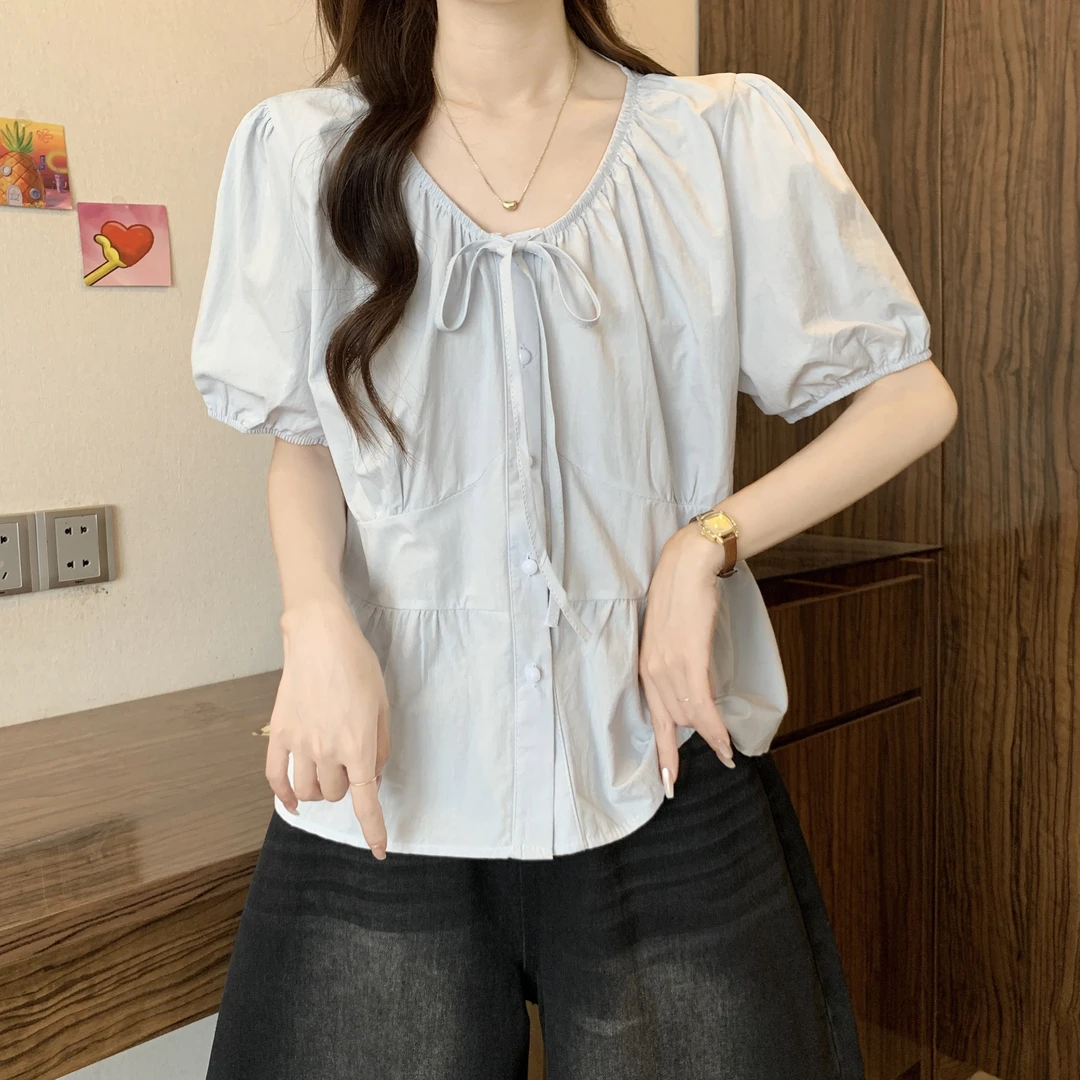 韩系设计感短袖衬衫大码女装胖mm夏季新款显瘦遮肚蓝色娃娃衫上衣