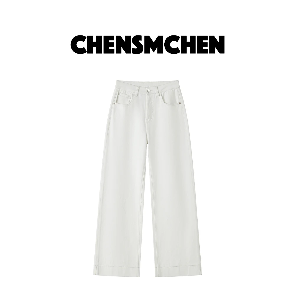 CHENSMCHEN 高腰直筒白色牛仔裤女春夏设计感百搭裤子CSK1012MX