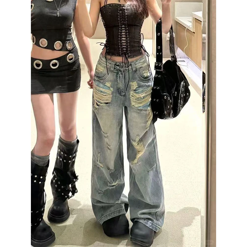 微胖mm蓝色设计感破洞牛仔裤女夏季新款宽松直筒做旧百搭阔腿长裤