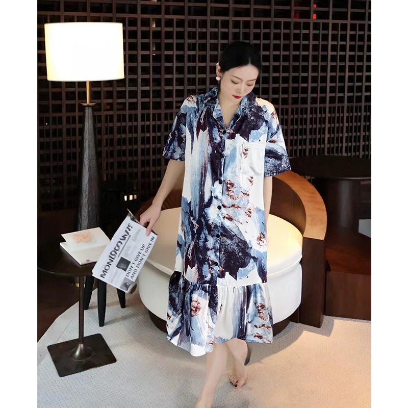 纯禧冰雪丝翻领青年家居服青少年夏天长裙宽松夏季短袖睡衣薄款