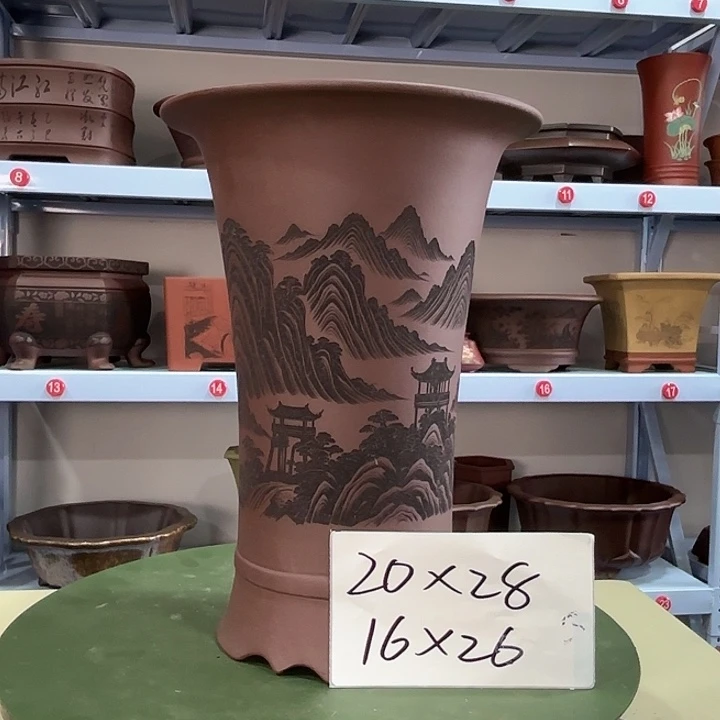 紫砂花盆刻绘见山