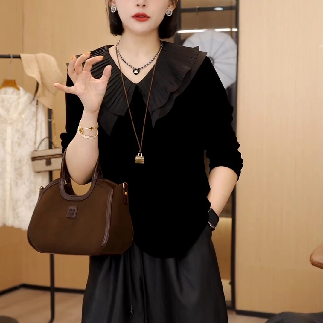 法式轻奢丝绒拼接长袖衬衫2025秋季新款荷叶领套头宽松显瘦上衣女