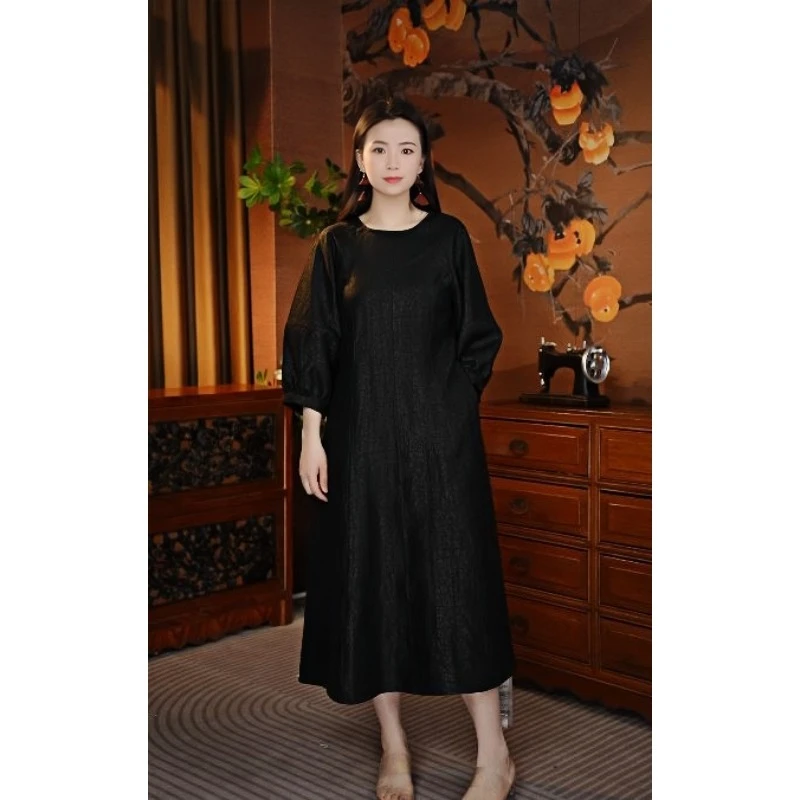 栖栖沐染桑蚕丝龟裂纹连衣裙香云纱长袖新中式宽松复古显瘦Y50215