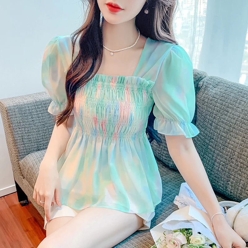 夏季短袖法式百搭方领晕染上衣泡泡袖气质时尚收腰甜美洋气小衫