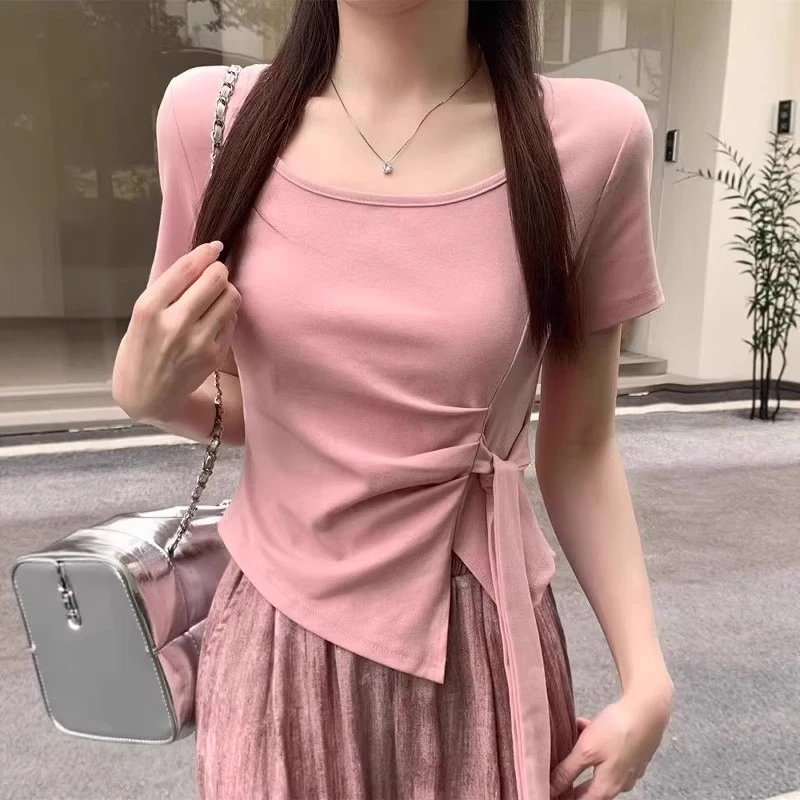 女装胖mm辣妹不规则下摆压褶短袖T恤女夏季修身百搭上衣夏天穿搭