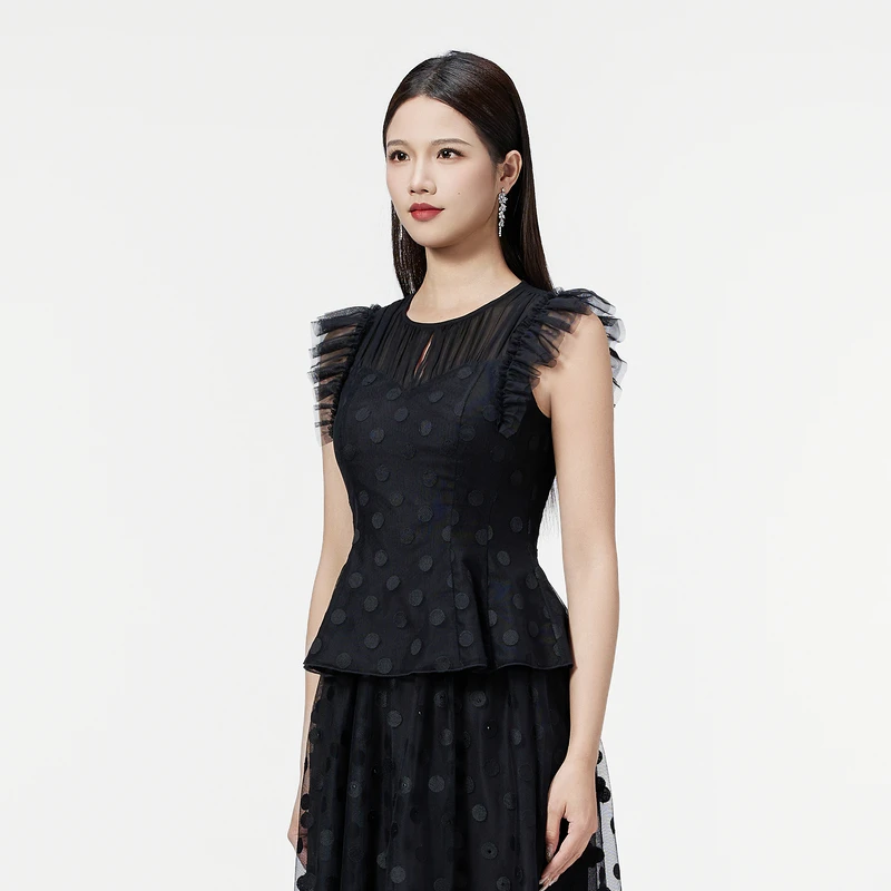 SUSSI/古色25夏新品商场服装同款圆领小飞袖收腰上衣气质显瘦