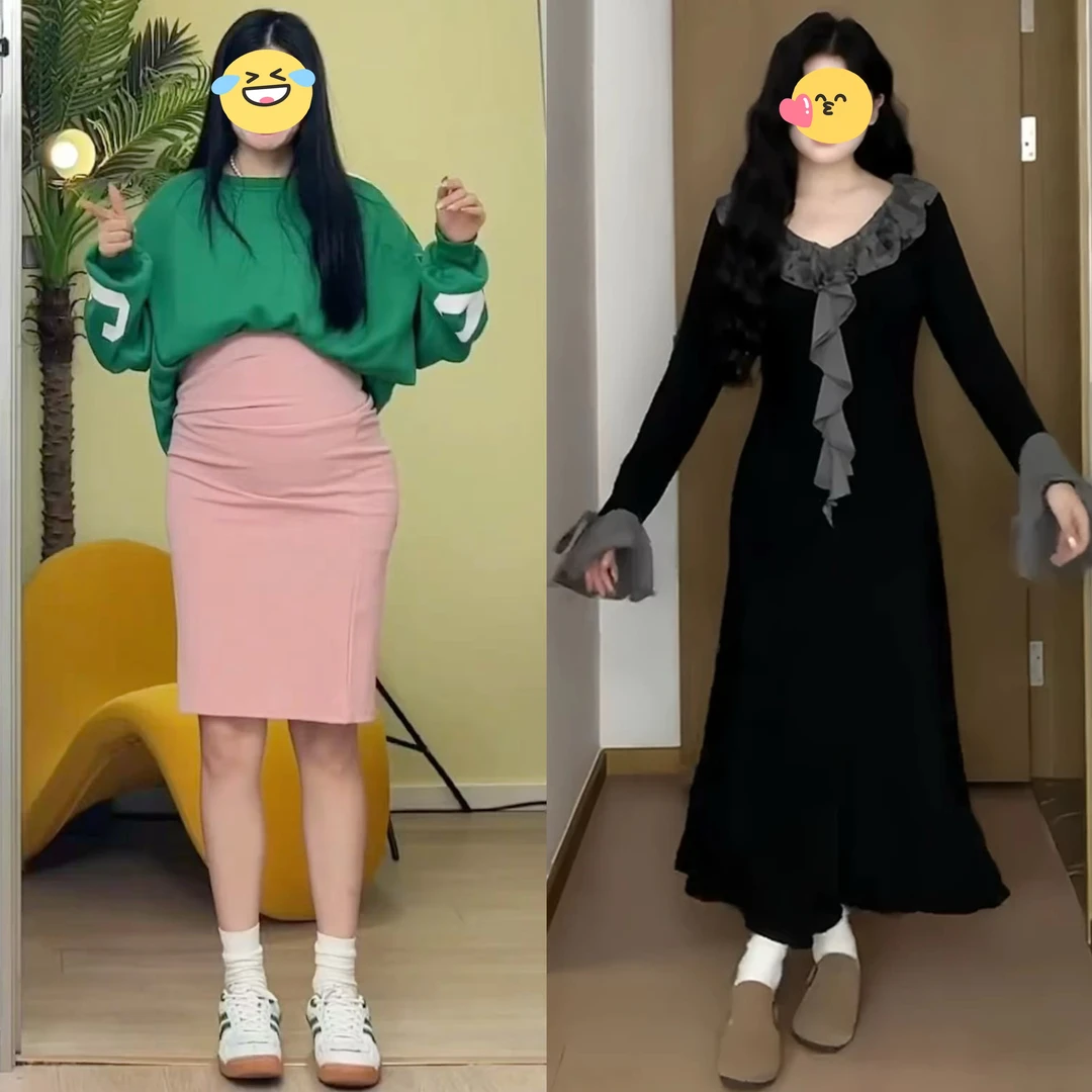 大码女装胖mm韩版V领木耳边花边长袖连衣裙2025秋季显瘦气质长裙