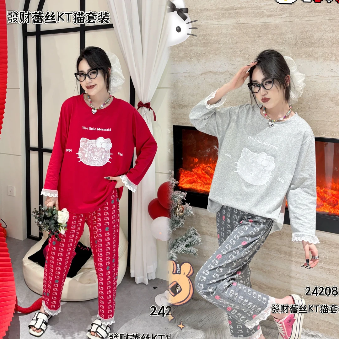 【蕾丝KT】新年红加肥加大舒适宽松大码家居服开衫德绒睡衣女款大码