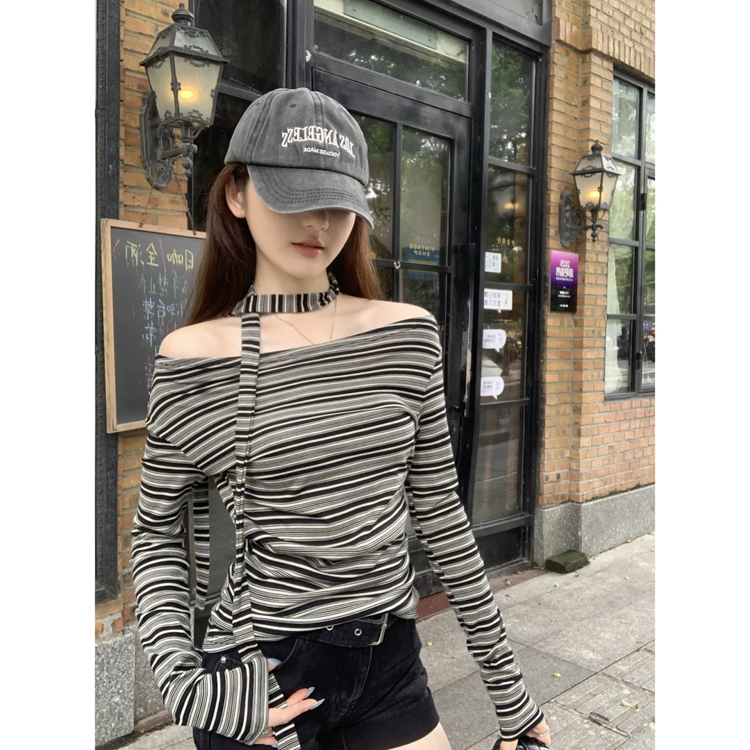 早秋韩版条纹挂脖飘带一字肩设计感修身长袖T恤露肩上衣长袖打底