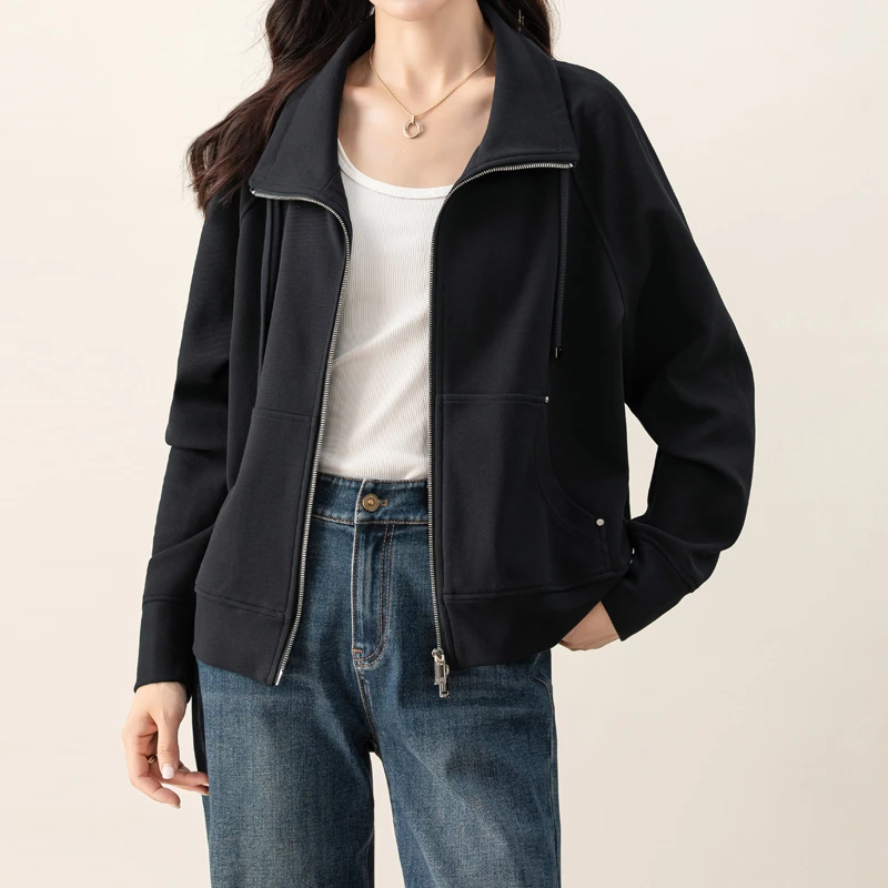 美式慵懒chic卫衣女2025年新款秋季羊毛开衫外套女藏蓝色长袖上衣