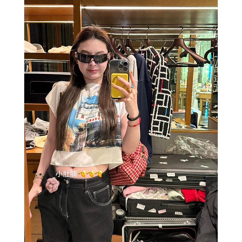 tingtings【美式辣妹】复古印花短袖t恤女短款露脐背心上衣