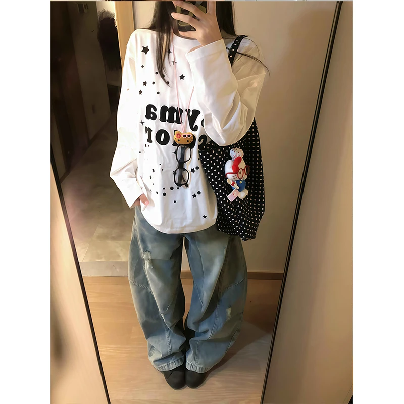 韩系小众星星字母印花长袖t恤女秋季ins慵懒风设计感宽松纯棉上衣