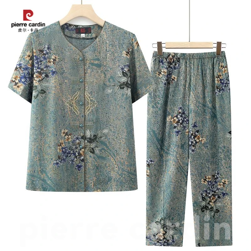 皮尔卡丹奶奶装夏季短袖套装老年人夏装女老太太家具衣服妈妈衬衫