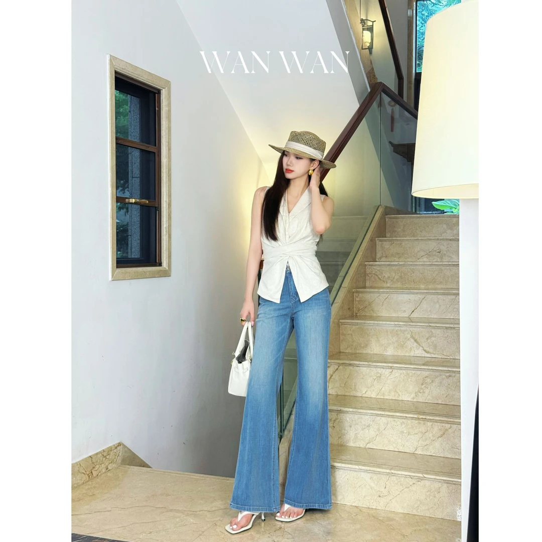 【Wine】·蓝调唱片·夏季新款莱赛尔微喇牛仔直筒喇叭牛仔裤