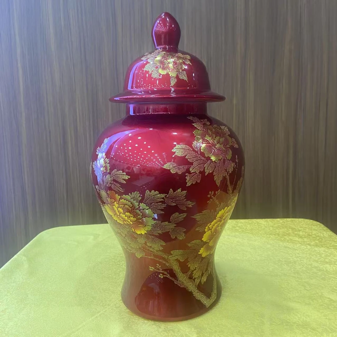 【百善瓷业】花开富贵红色水晶釉将军罐+底座