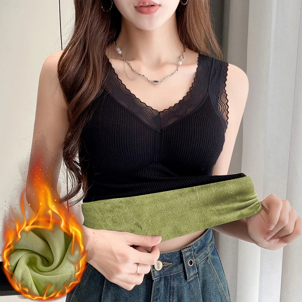 蕾丝美背加绒加厚吊带背心女冬季保暖上衣带胸垫内搭弹力打底衫潮
