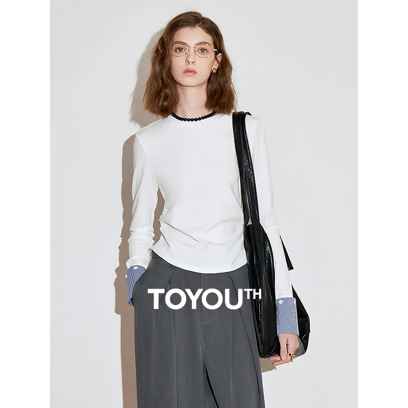 初语长袖t恤女25新收腰拼接格纹假两件chic早春洋气上衣8511044