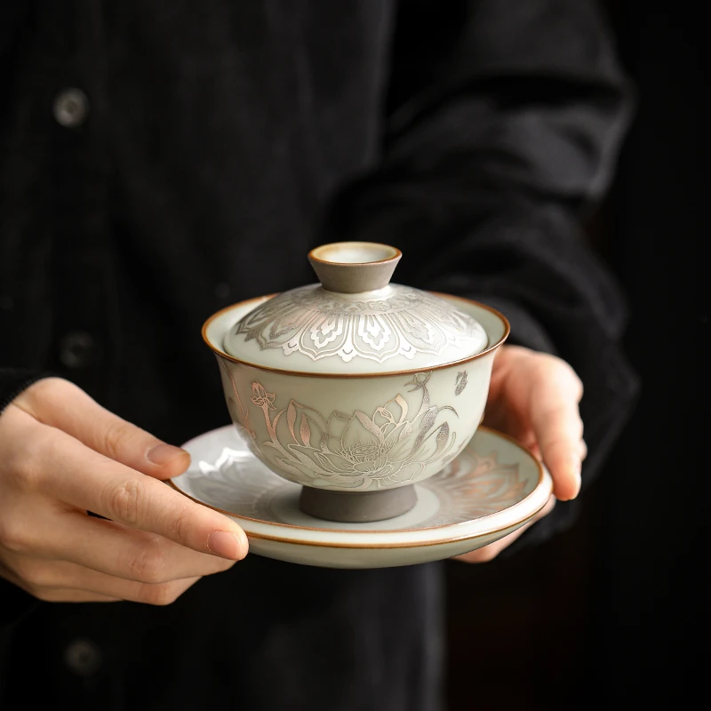 汝窑掐丝银荷韵盖碗单个家用功夫茶具三才碗开片可养泡茶碗敬茶杯