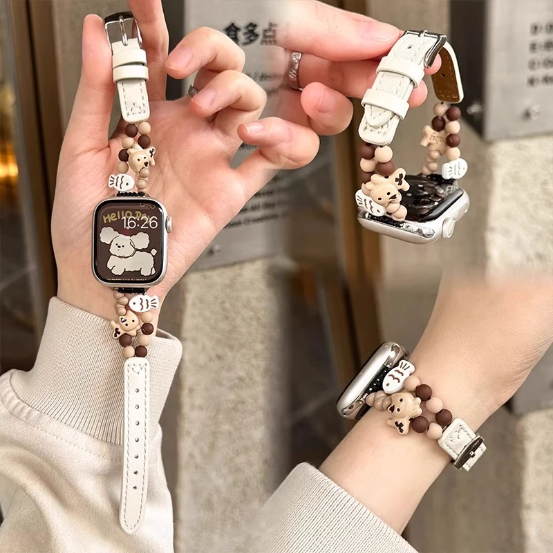 适用于苹果S10手表带S9奶油挂件拼真皮S8/S7/S6卡通SE女款新款S5
