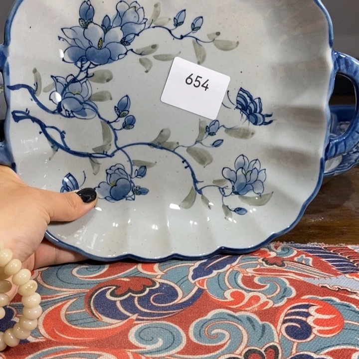 红***红青花瓷景德镇手绘玉兰花双耳盘