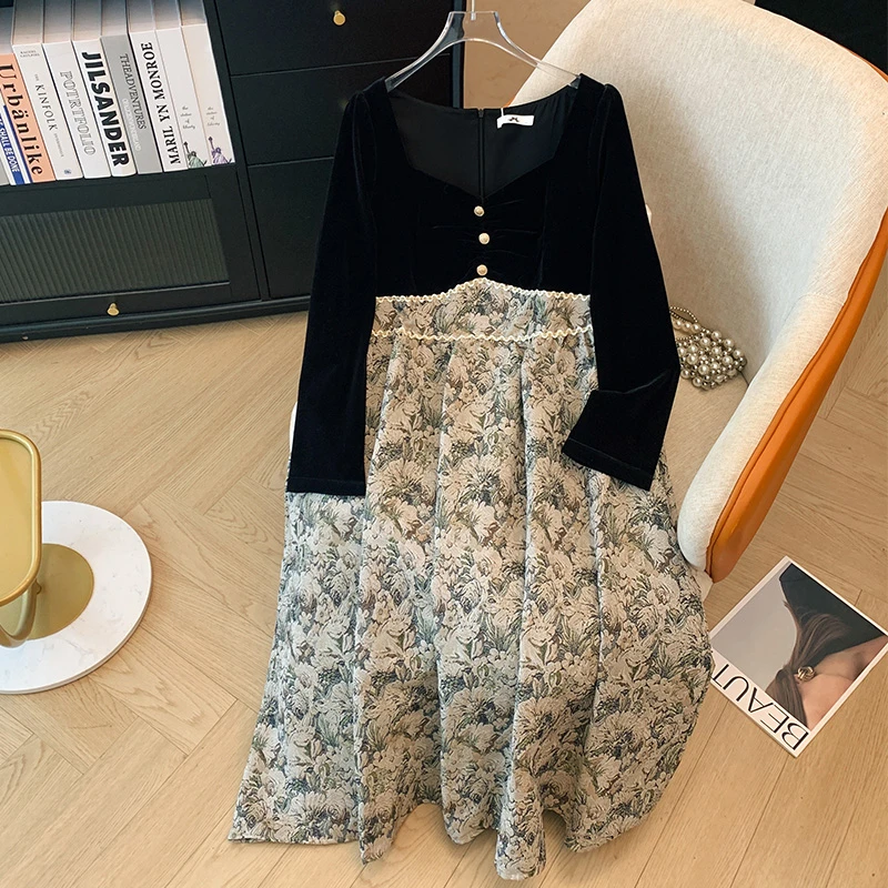 【66463】300斤大码女装胖mm复古设计感碎花拼接假两件连衣裙春秋款